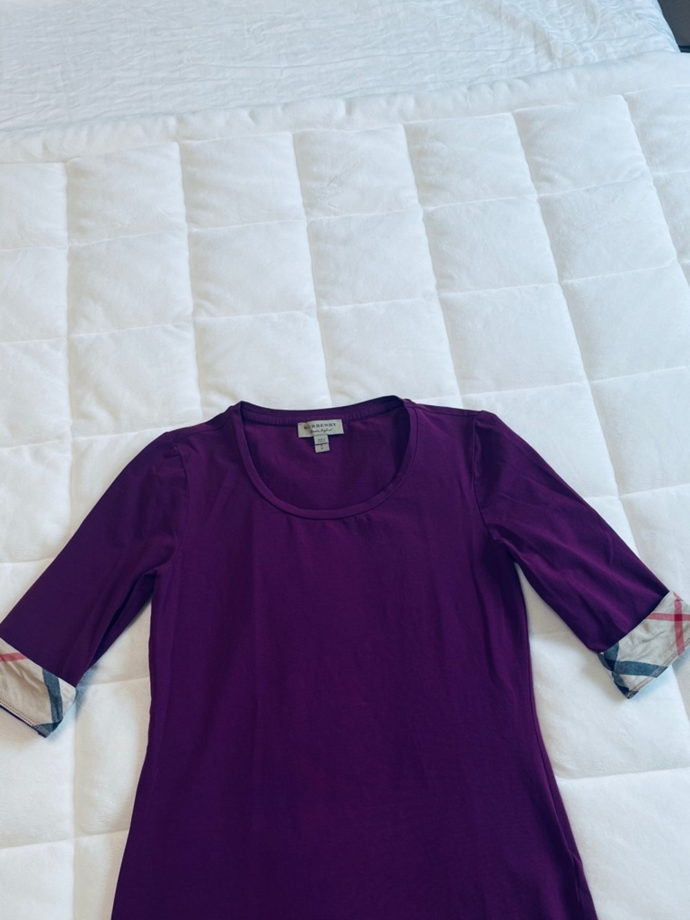 Burberry Purple Short Sleeve Tee with Check Cuff Detail